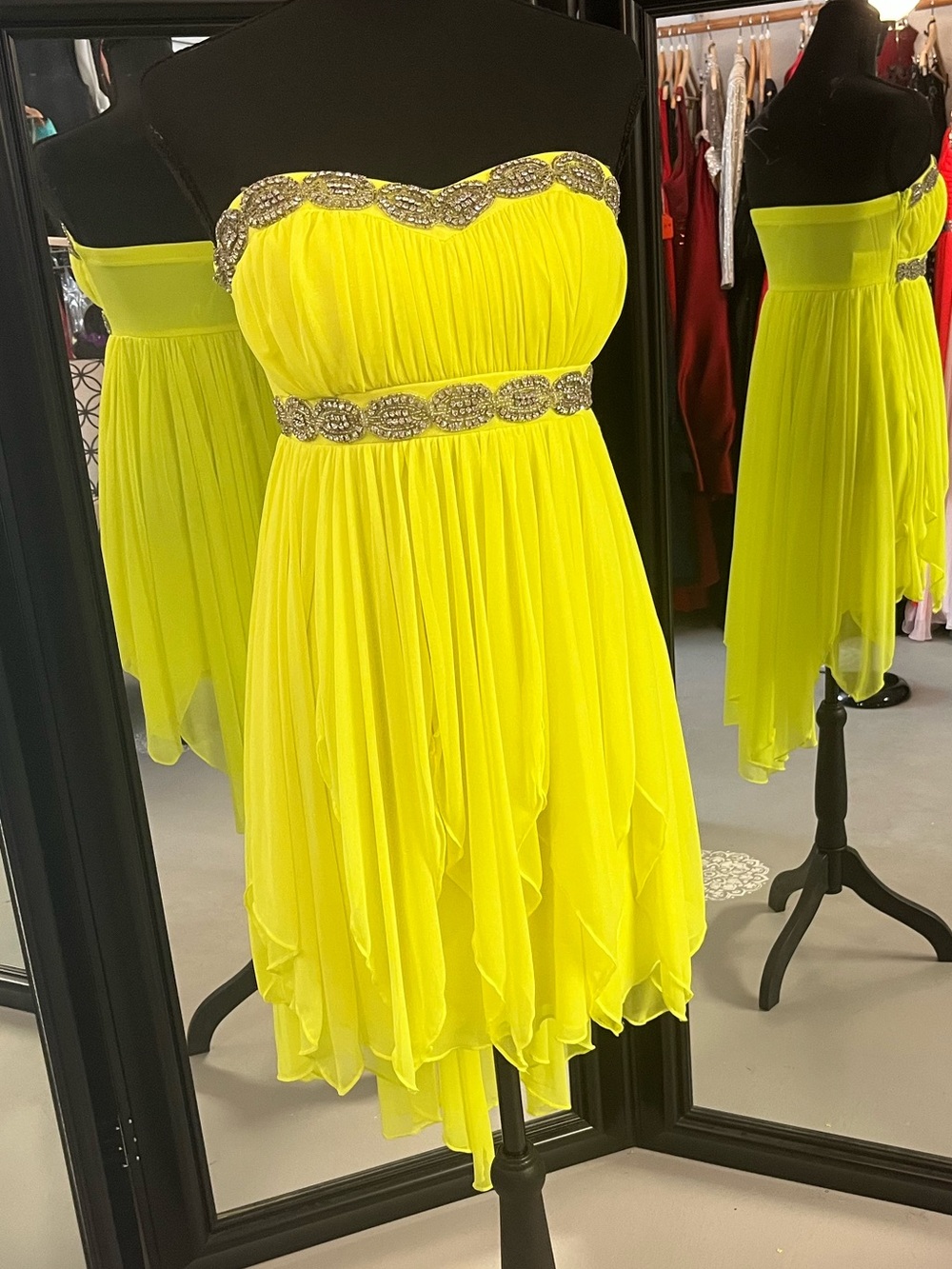 My Michelle Neon Yellow Strapless Chiffon Prom Dress with Rhinestone Trim